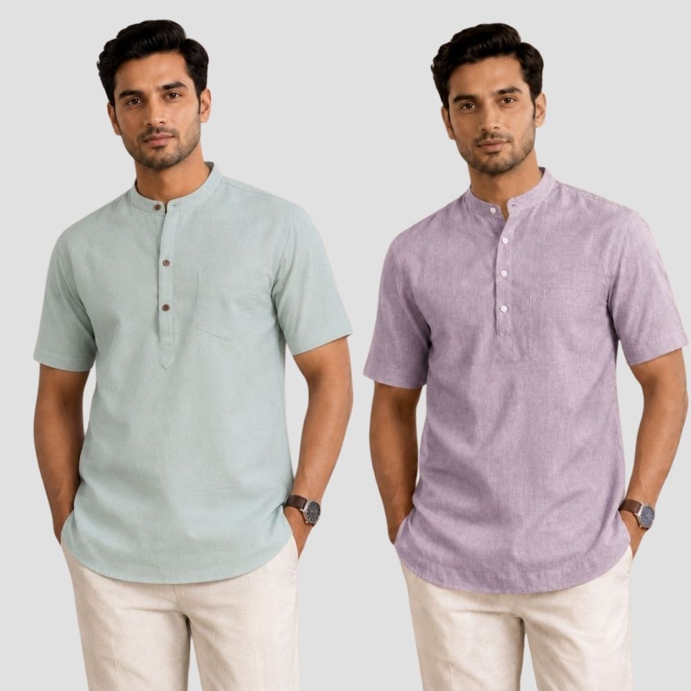 Combo of 2 Cotton Half Sleeves Kurta Gray and Purple-51487