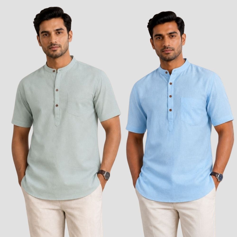 Combo of 2 Cotton Half Sleeves Kurta Gray and Sky Blue-51482