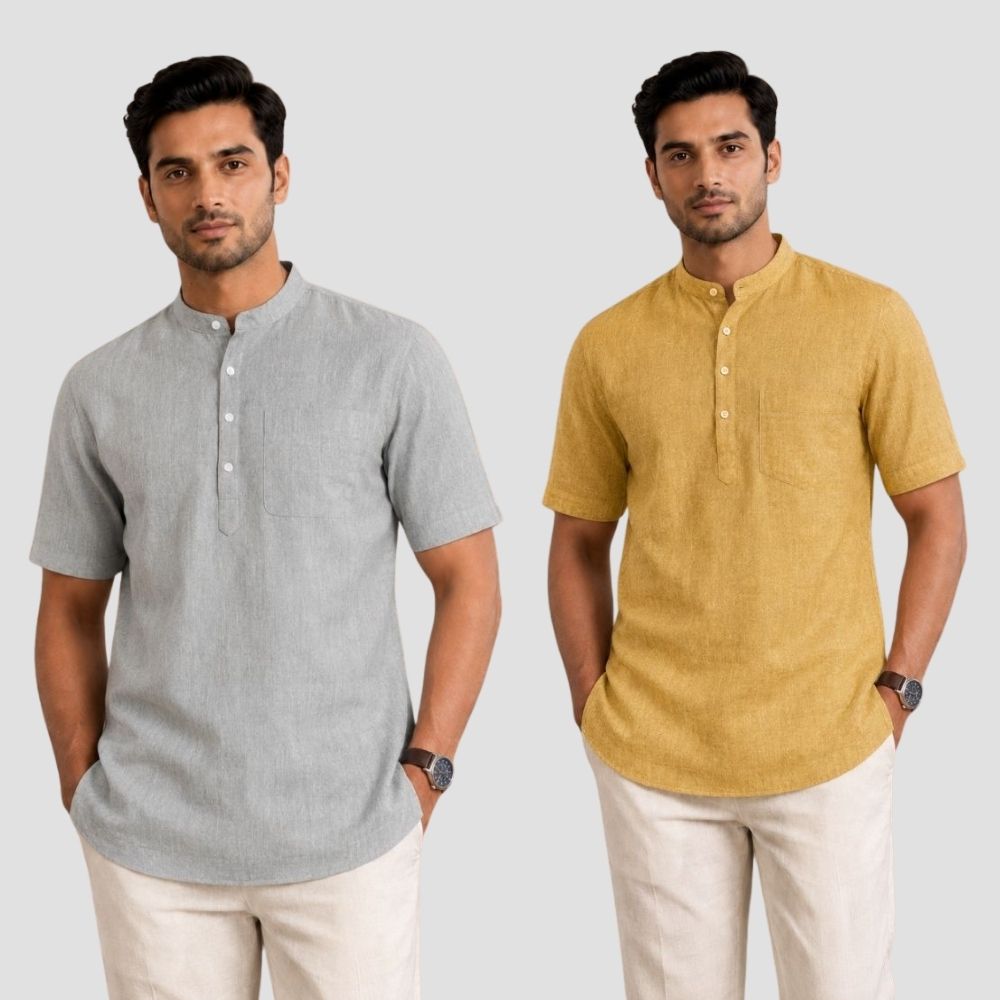 Combo of 2 Cotton Half Sleeves Kurta Light Gray and Yellow-51442