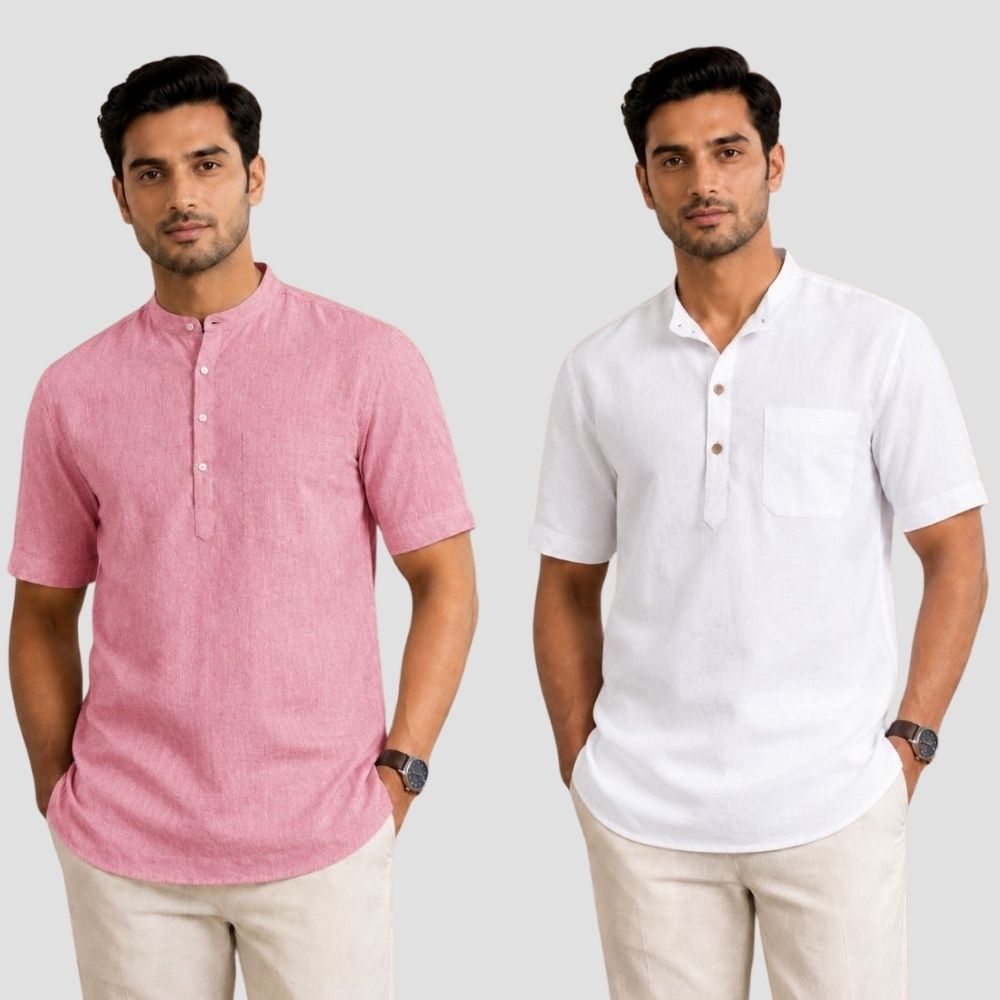 Combo of 2 Cotton Half Sleeves Kurta Pink and White-51531