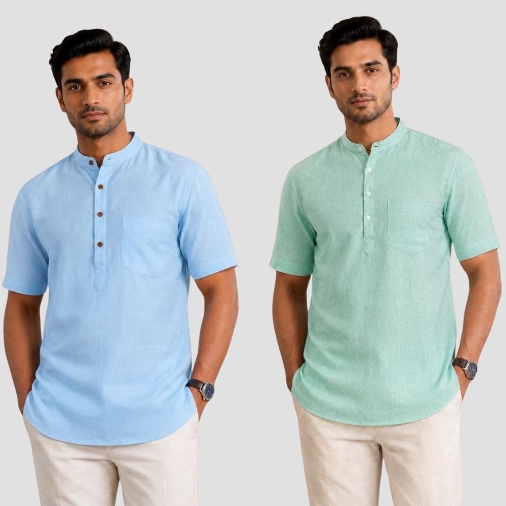 Combo of 2 Cotton Half Sleeves Kurta Sky Blue and Parrot Green-51498