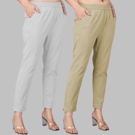 Combo of 2 Cotton Light Gray and Beige Women Regular Fit Solid Trousers-47514