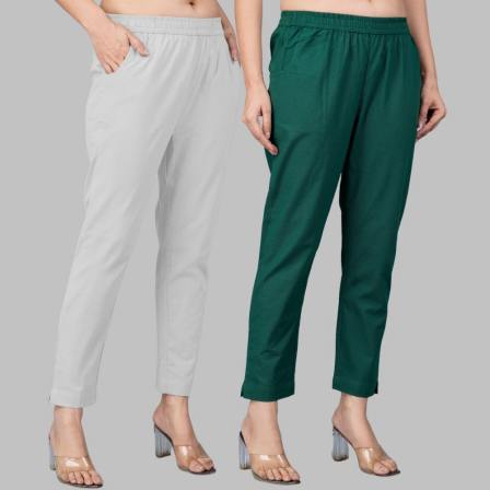 Combo of 2 Cotton Light Gray and Bottle Green Women Regular Fit Solid Trousers-47503