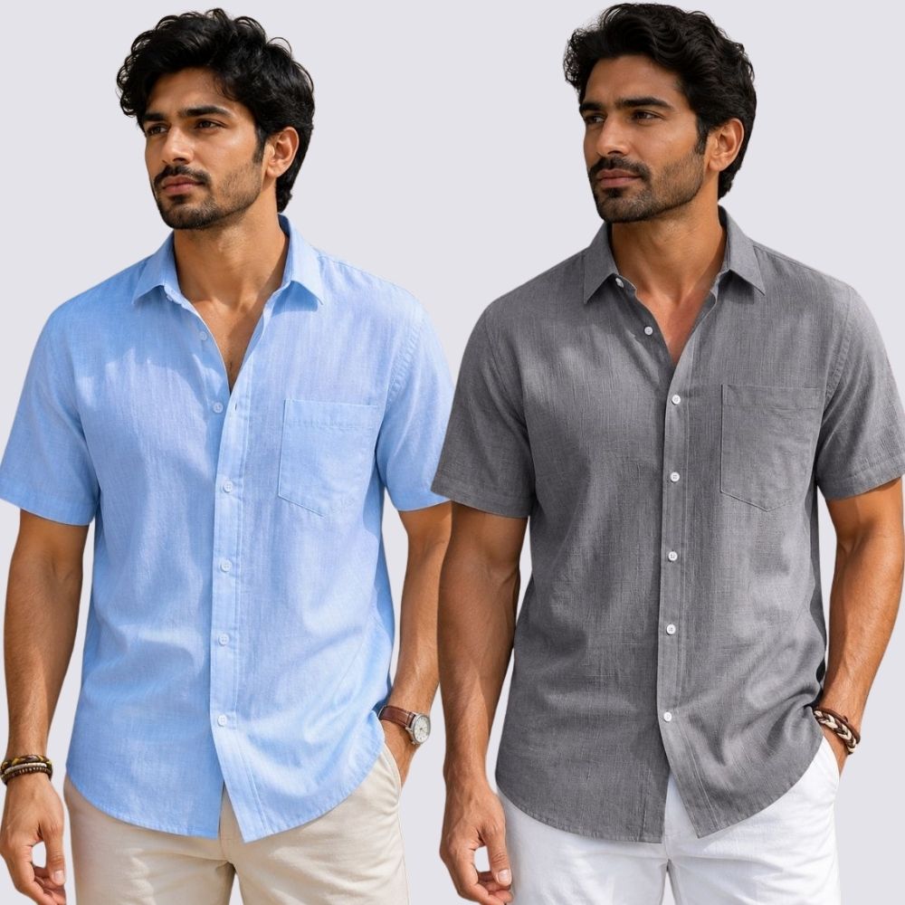 Combo of 2 Cotton Linen Half Sleeve Shirt Gray and Sky Blue-51925