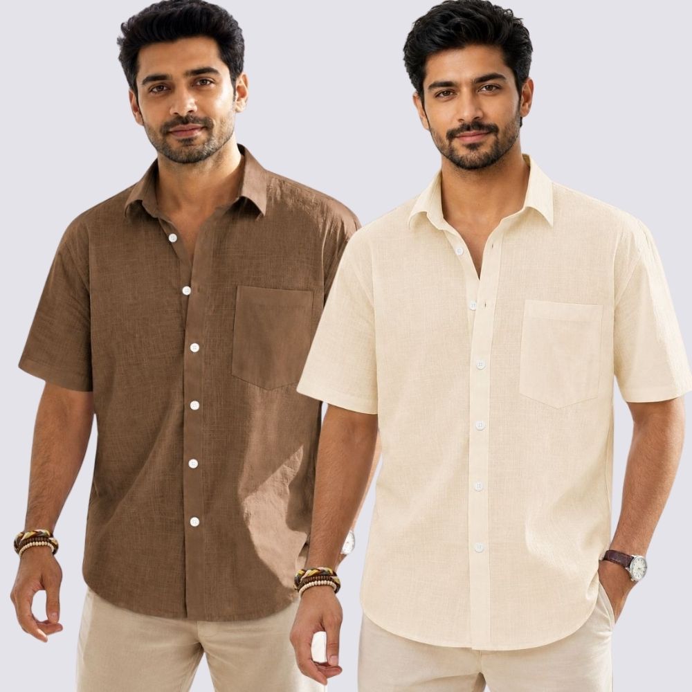 Combo of 2 Cotton Linen Half Sleeve Shirt Light Beige and Brown-51999