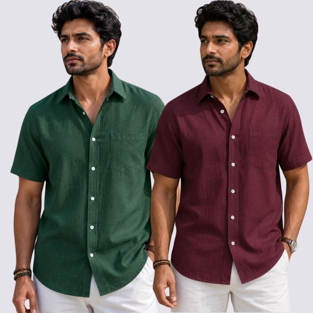 Combo of 2 Cotton Linen Half Sleeve Shirt Maroon and Bottle Green-51973