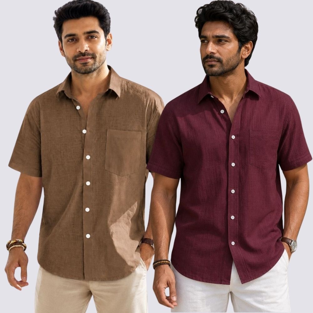 Combo of 2 Cotton Linen Half Sleeve Shirt Maroon and Brown-51975