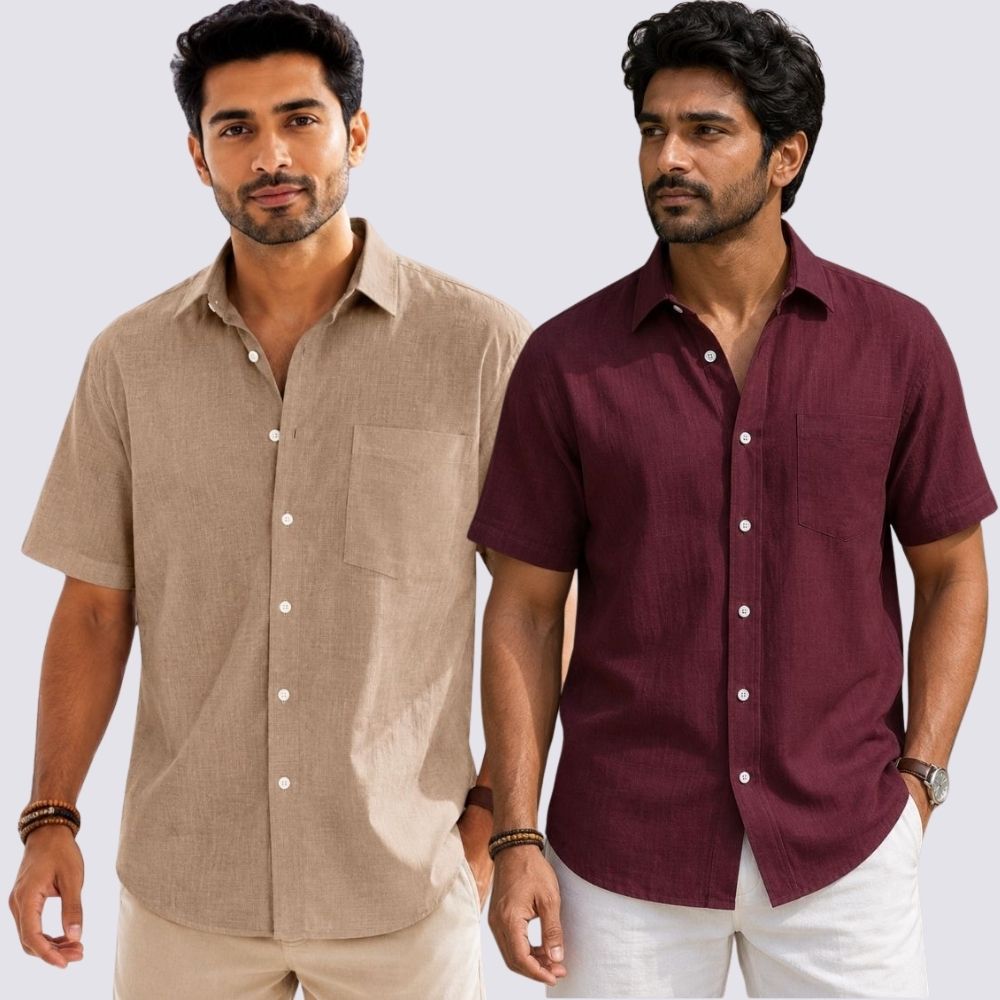 Combo of 2 Cotton Linen Half Sleeve Shirt Maroon and Dark Beige-51978
