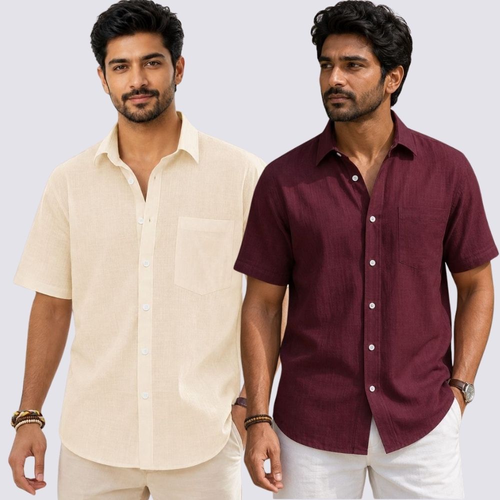 Combo of 2 Cotton Linen Half Sleeve Shirt Maroon and Light Beige-51972
