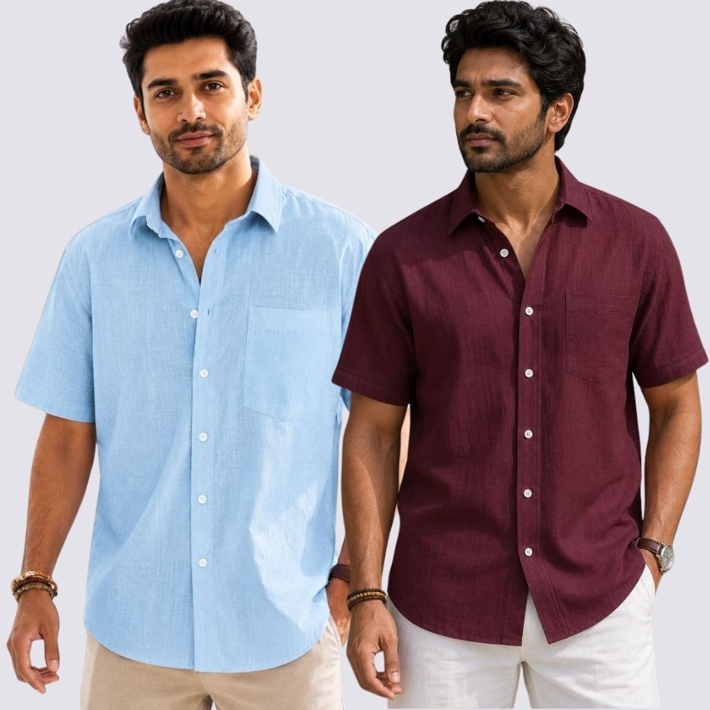 Combo of 2 Cotton Linen Half Sleeve Shirt Maroon and Light Blue-51977