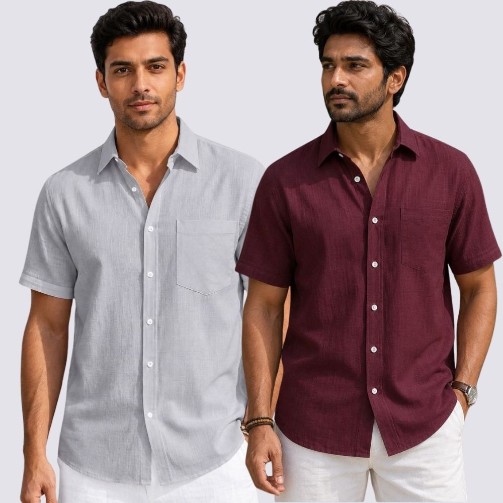 Combo of 2 Cotton Linen Half Sleeve Shirt Maroon and Light Gray-51970