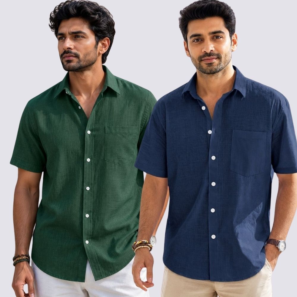 Combo of 2 Cotton Linen Half Sleeve Shirt Navy Blue and Bottle Green-51963