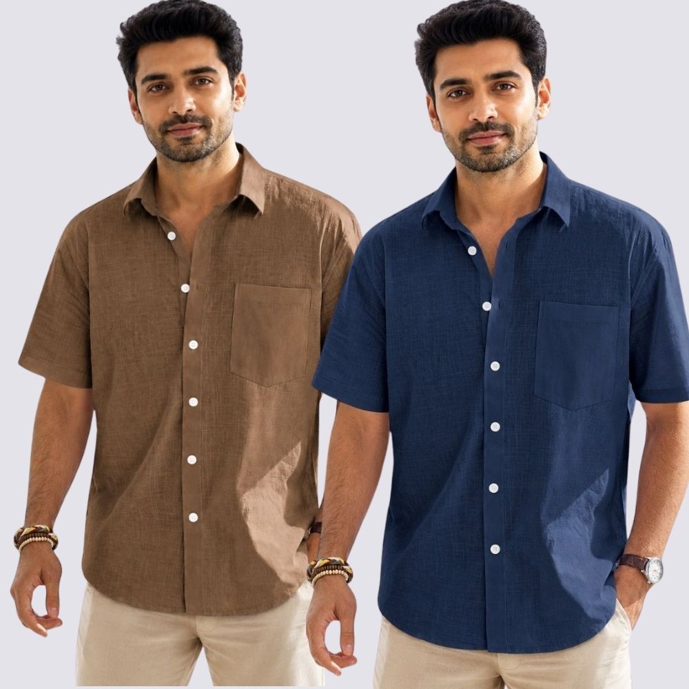 Combo of 2 Cotton Linen Half Sleeve Shirt Navy Blue and Brown-51965