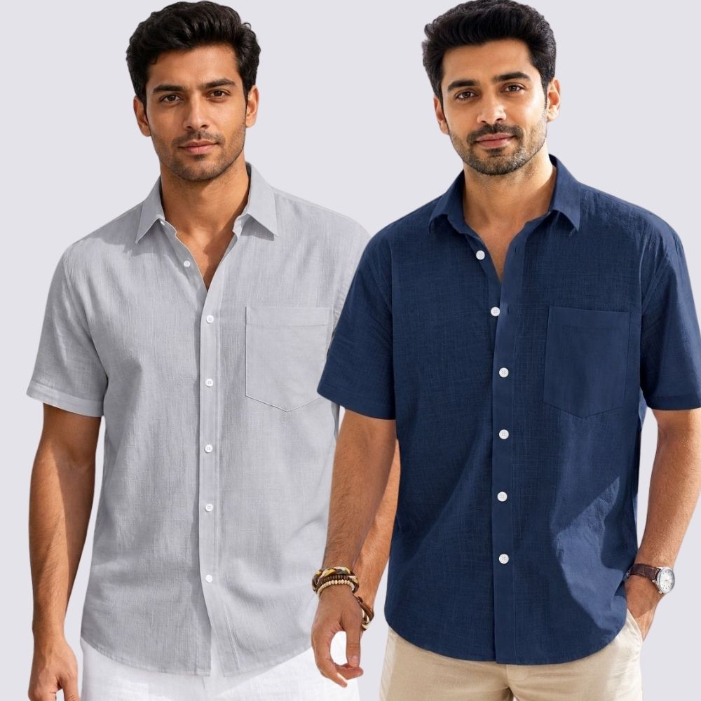 Combo of 2 Cotton Linen Half Sleeve Shirt Navy Blue and Light Gray-51960