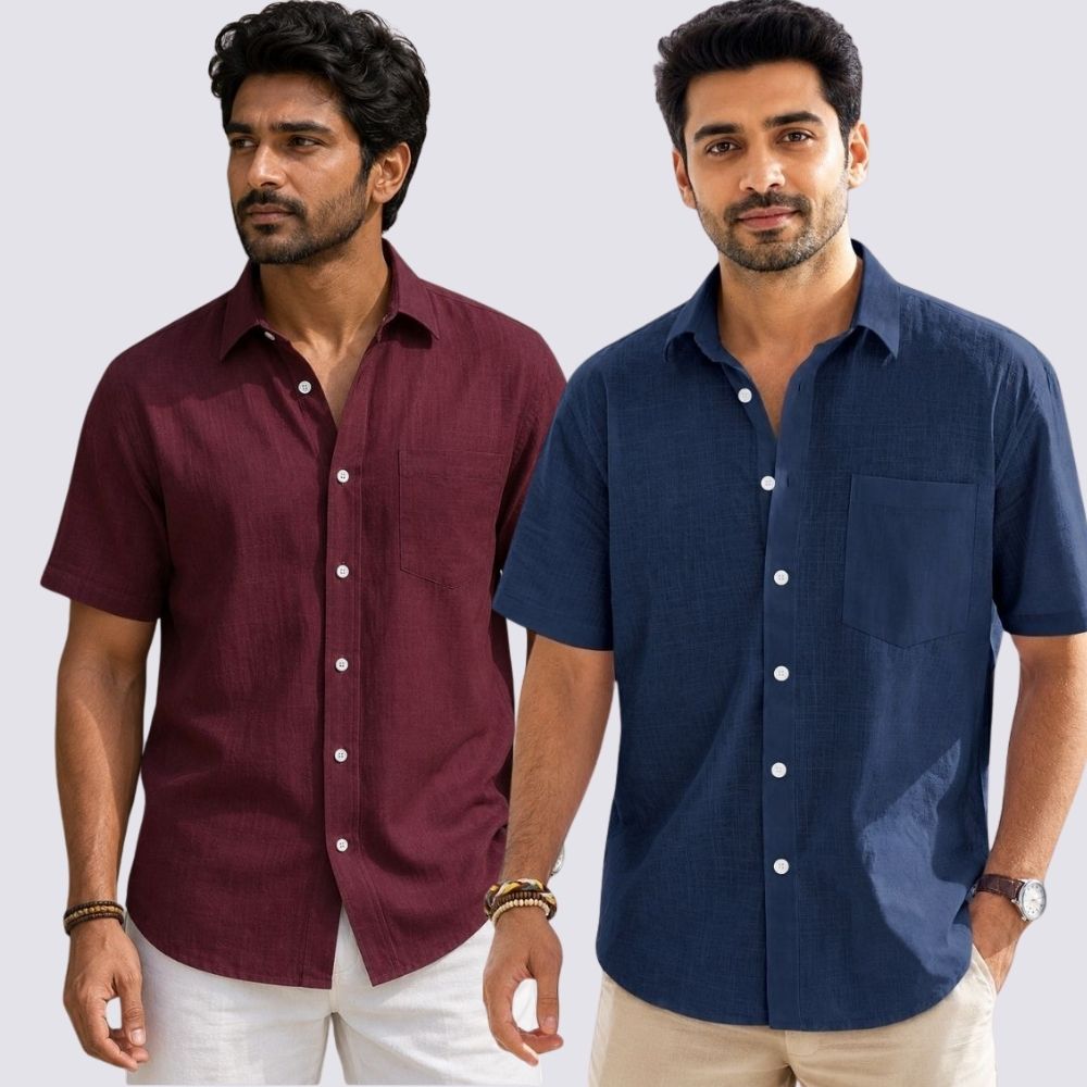 Combo of 2 Cotton Linen Half Sleeve Shirt Navy Blue and Maroon-51959