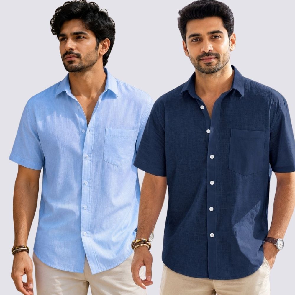 Combo of 2 Cotton Linen Half Sleeve Shirt Navy Blue and Sky Blue-51961