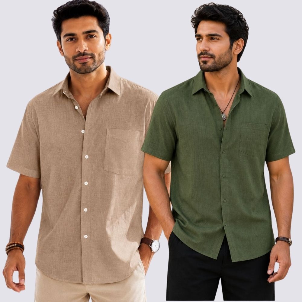 Combo of 2 Cotton Linen Half Sleeve Shirt Olive Green and Dark Beige-51957