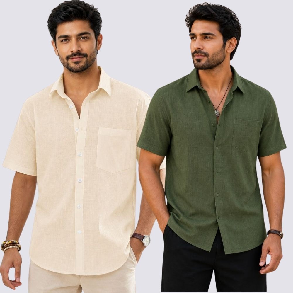 Combo of 2 Cotton Linen Half Sleeve Shirt Olive Green and Light Beige-51951