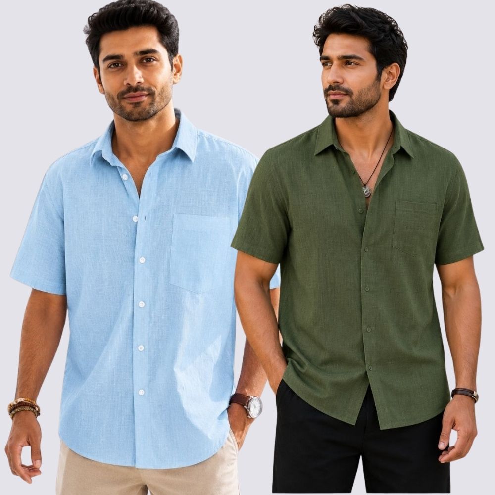 Combo of 2 Cotton Linen Half Sleeve Shirt Olive Green and Light Blue-51956