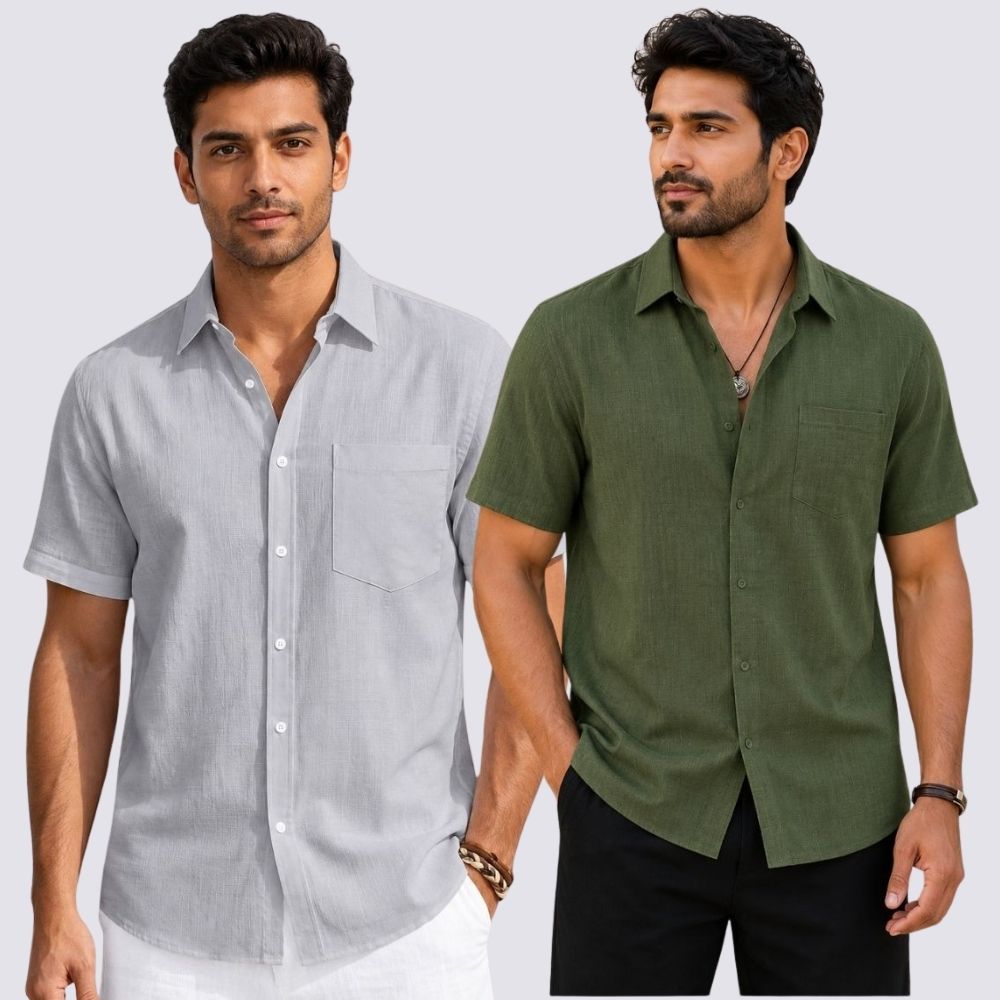 Combo of 2 Cotton Linen Half Sleeve Shirt Olive Green and Light Gray-51949