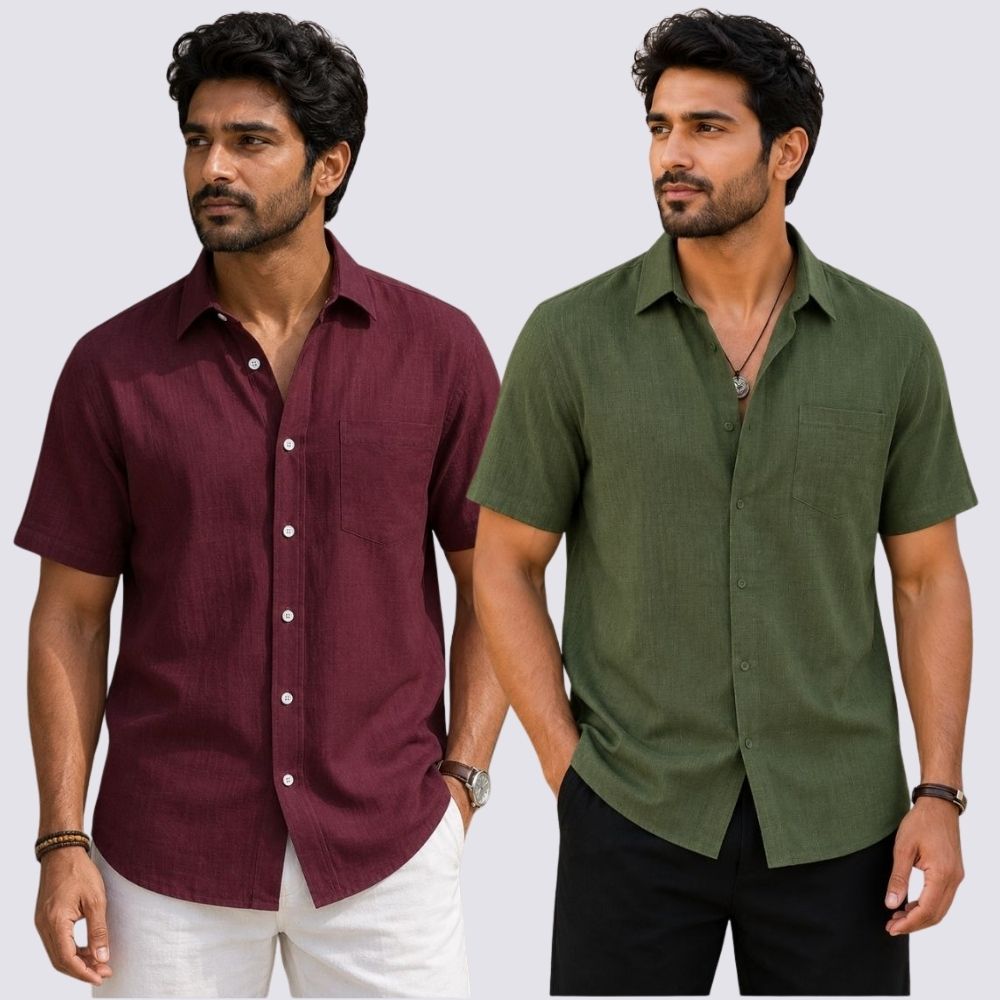 Combo of 2 Cotton Linen Half Sleeve Shirt Olive Green and Maroon-51948