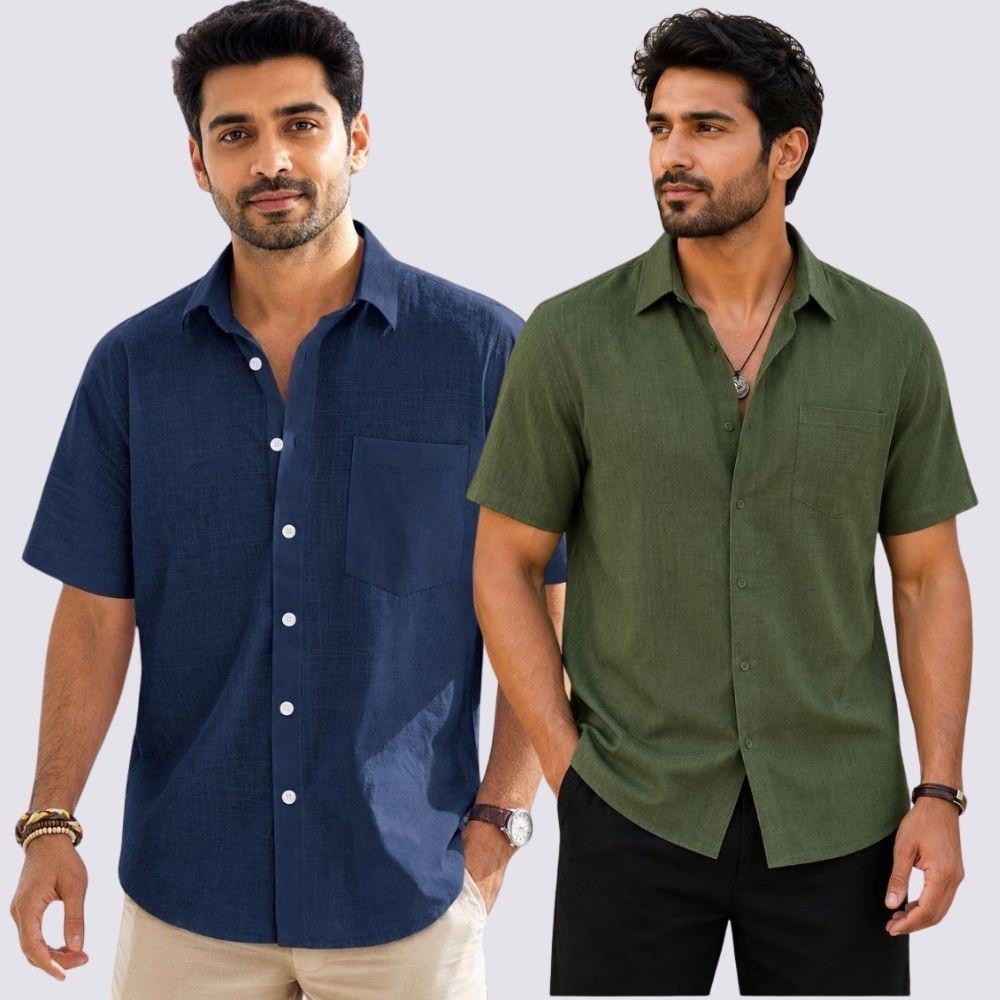 Combo of 2 Cotton Linen Half Sleeve Shirt Olive Green and Navy Blue-51947
