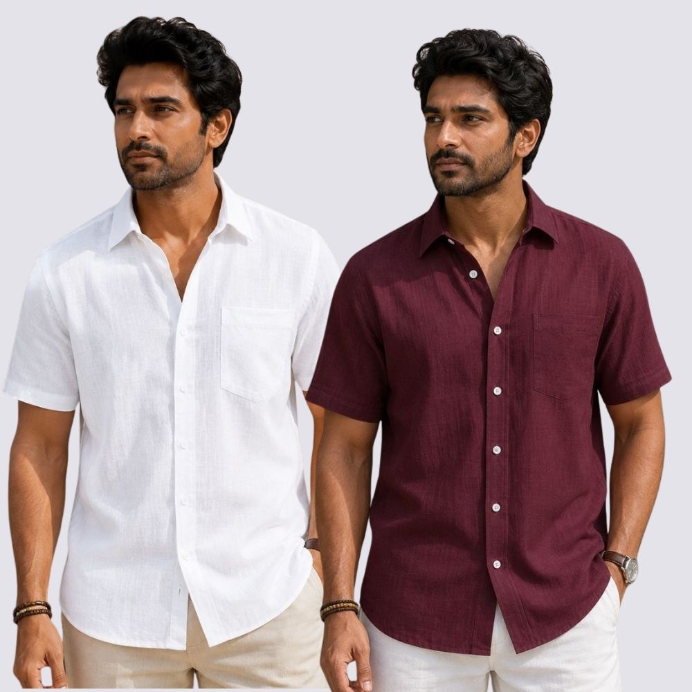 Combo of 2 Cotton Linen Half Sleeve Shirt White and Maroon-51909