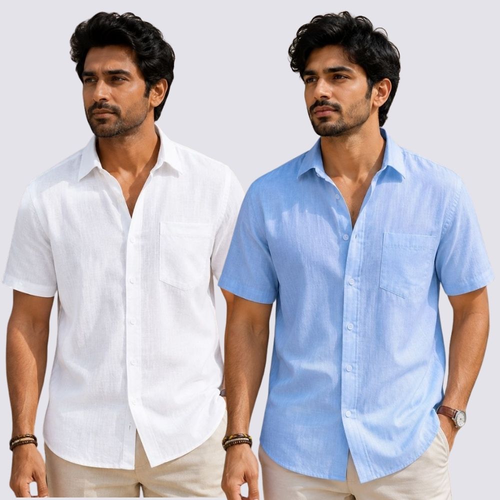 Combo of 2 Cotton Linen Half Sleeve Shirt White and Sky Blue-51911