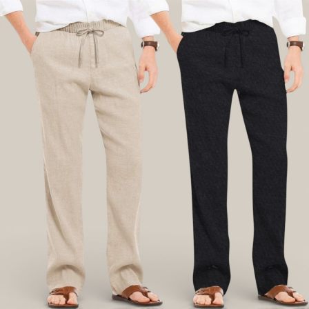 Combo of 2 Cotton Linen Loose Fit Men Pant Beige and Black-50664