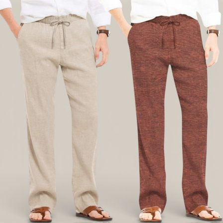 Combo of 2 Cotton Linen Loose Fit Men Pant Beige and Brown-50665