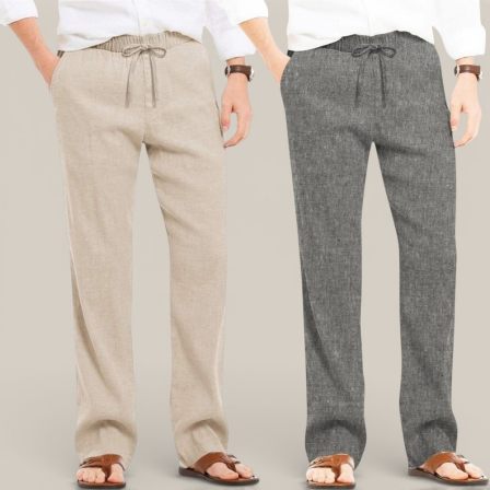 Combo of 2 Cotton Linen Loose Fit Men Pant Beige and Dark Gray-50666