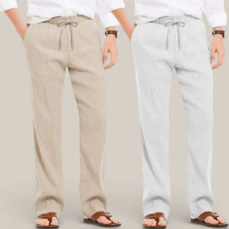 Combo of 2 Cotton Linen Loose Fit Men Pant Beige and Off White-50676