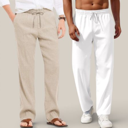 Combo of 2 Cotton Linen Loose Fit Men Pant Beige and White-50679
