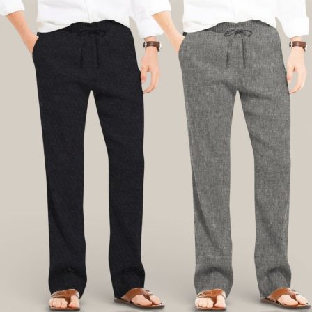Combo of 2 Cotton Linen Loose Fit Men Pant Black and Dark Gray-50682