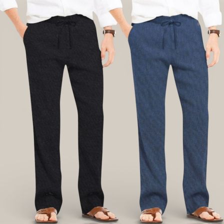 Combo of 2 Cotton Linen Loose Fit Men Pant Black and Navy Blue-50690