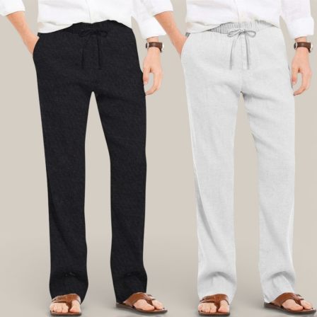 Combo of 2 Cotton Linen Loose Fit Men Pant Black and Off White-50692