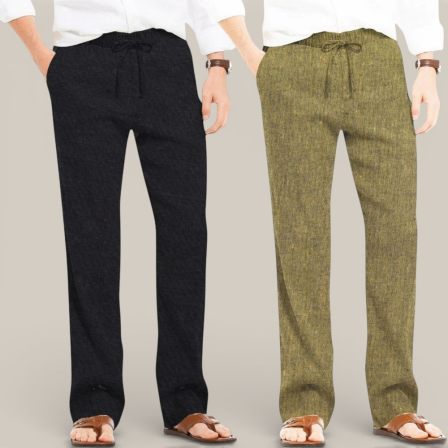 Combo of 2 Cotton Linen Loose Fit Men Pant Black and Olive Green-50693