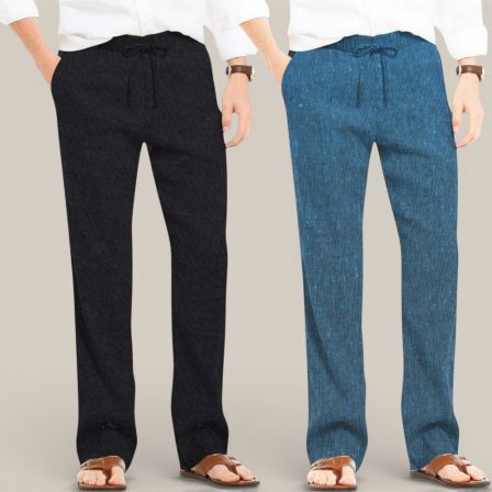 Combo of 2 Cotton Linen Loose Fit Men Pant Black and Teal Blue-50694