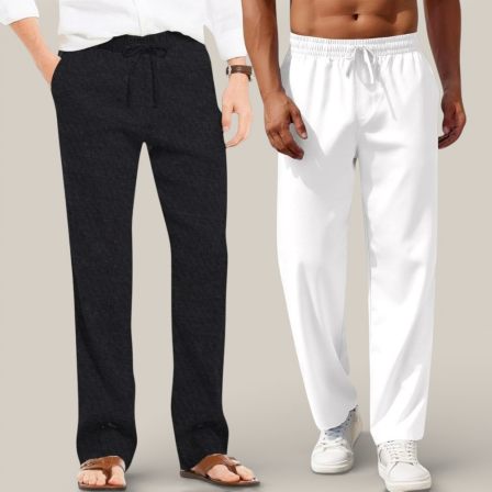 Combo of 2 Cotton Linen Loose Fit Men Pant Black and White-50695