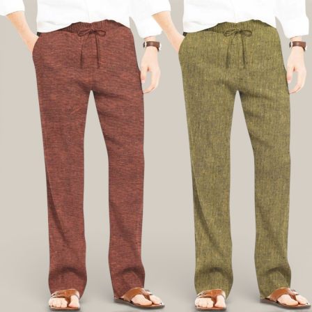 Combo of 2 Cotton Linen Loose Fit Men Pant Brown and Olive Green-50708