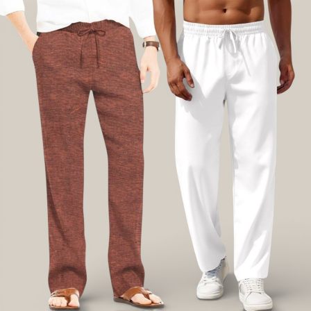 Combo of 2 Cotton Linen Loose Fit Men Pant Brown and White-50710