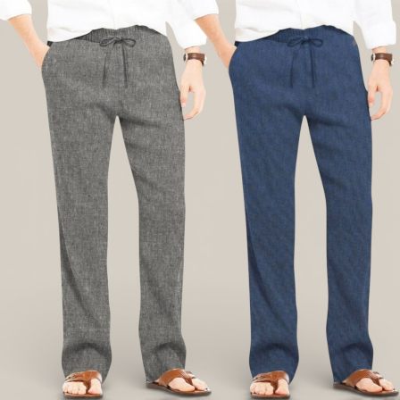 Combo of 2 Cotton Linen Loose Fit Men Pant Dark Gray and Navy Blue-50719