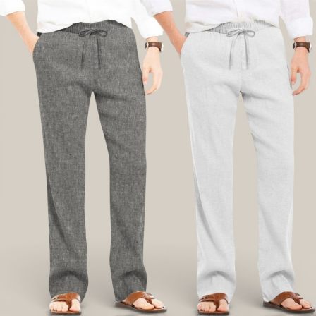 Combo of 2 Cotton Linen Loose Fit Men Pant Dark Gray and Off White-50721