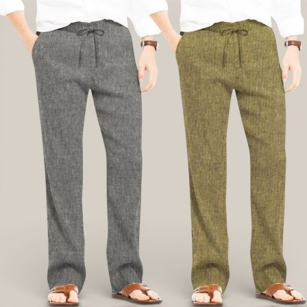 Combo of 2 Cotton Linen Loose Fit Men Pant Dark Gray and Olive Green-50722