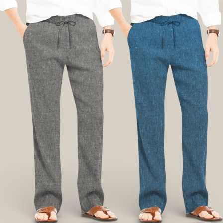 Combo of 2 Cotton Linen Loose Fit Men Pant Dark Gray and Teal Blue-50723