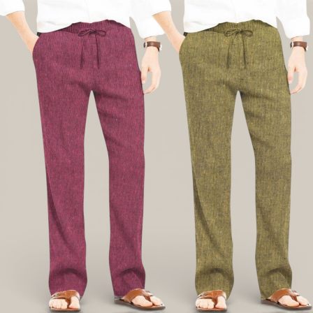 Combo of 2 Cotton Linen Loose Fit Men Pant Dark Pink and Olive Green-50735