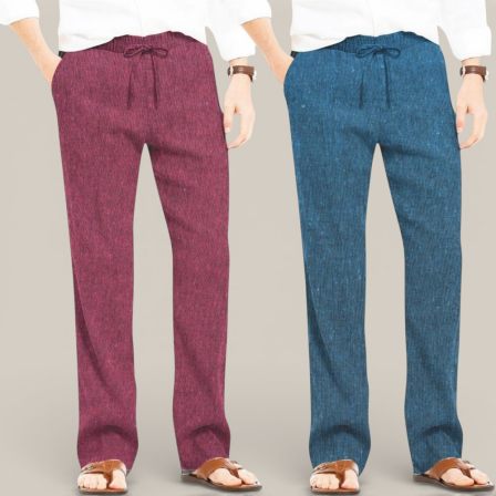 Combo of 2 Cotton Linen Loose Fit Men Pant Dark Pink and Teal Blue-50736
