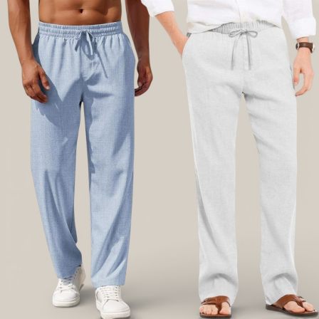 Combo of 2 Cotton Linen Loose Fit Men Pant Denim and Off White-50746