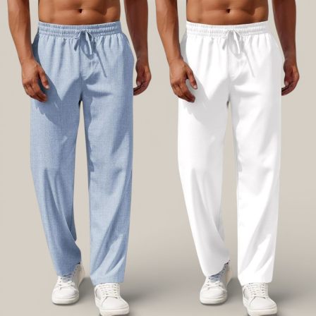 Combo of 2 Cotton Linen Loose Fit Men Pant Denim and White-50749