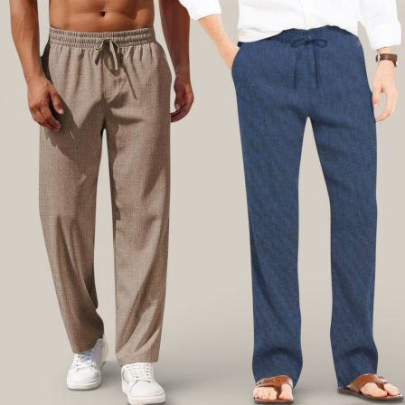 Combo of 2 Cotton Linen Loose Fit Men Pant Light Brown and Navy Blue-50782